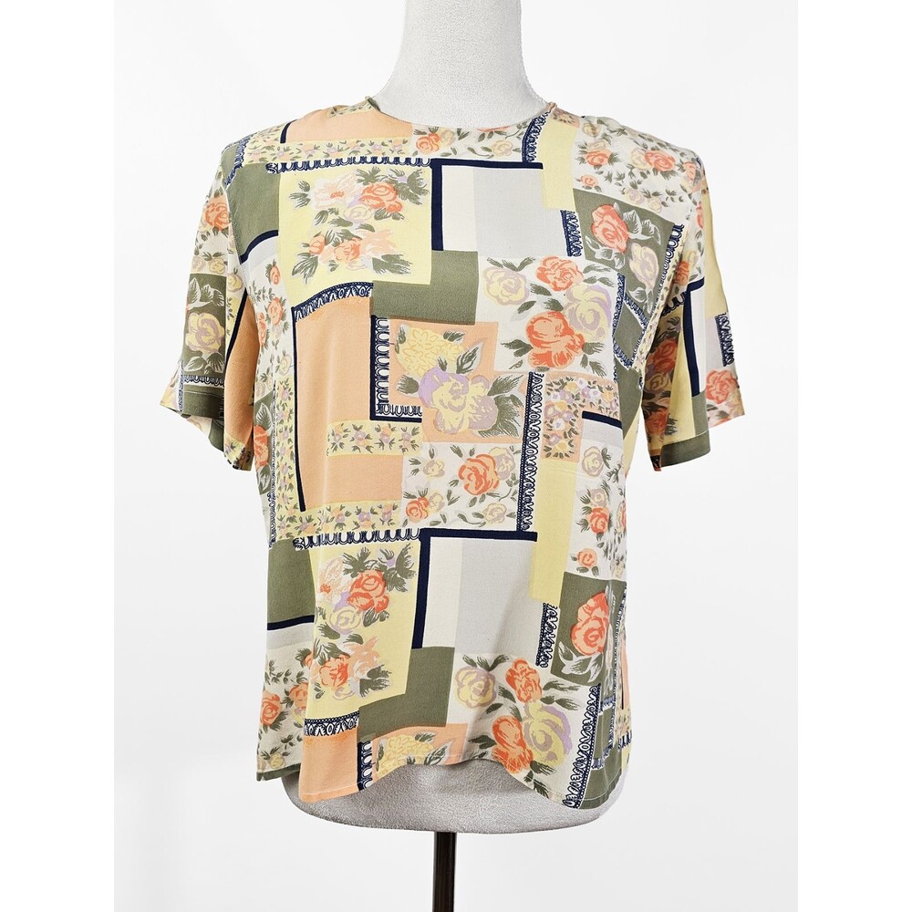 Notations Large Vintage Silk Patchwork Floral Peach Blue Short Sleeve Blouse